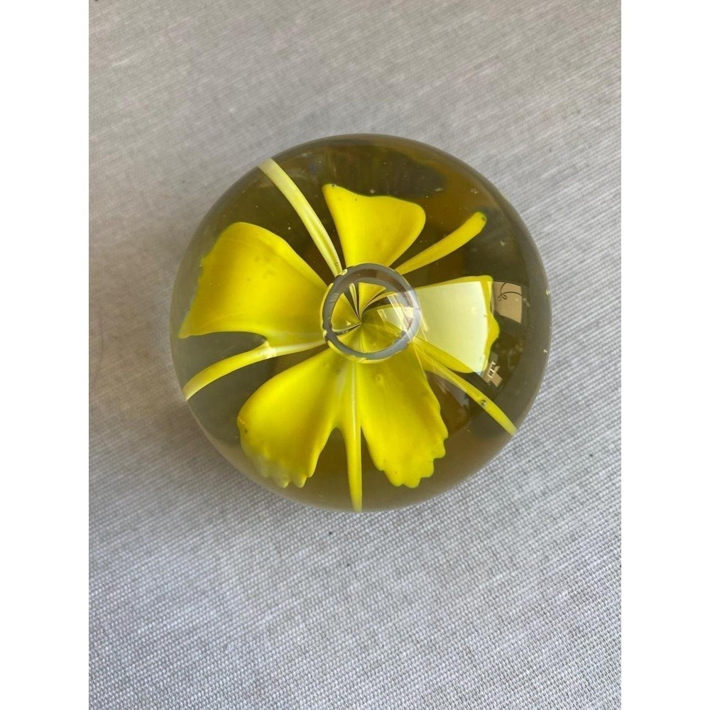 Vintage Art Glass Flower Paperweight Yellow 1" Cluttercore s74
